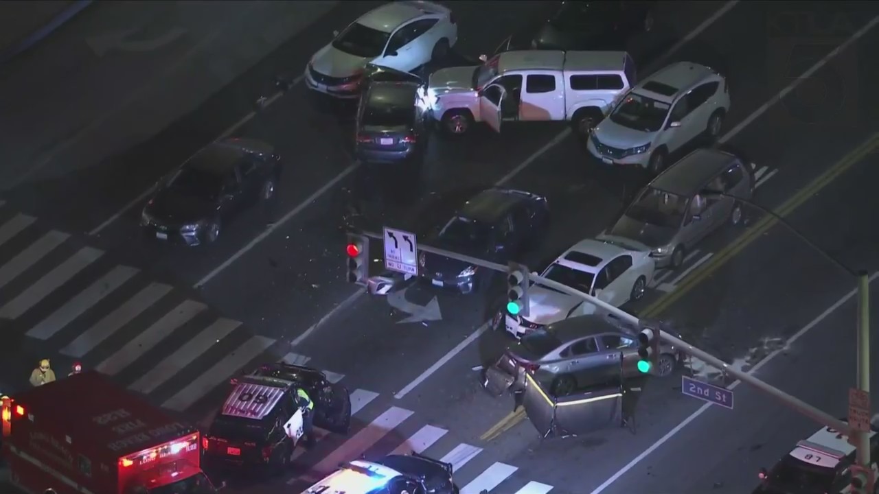 One person is dead and at least eight others were hospitalized after a multi-vehicle crash in Long Beach on Tuesday night. (KTLA)