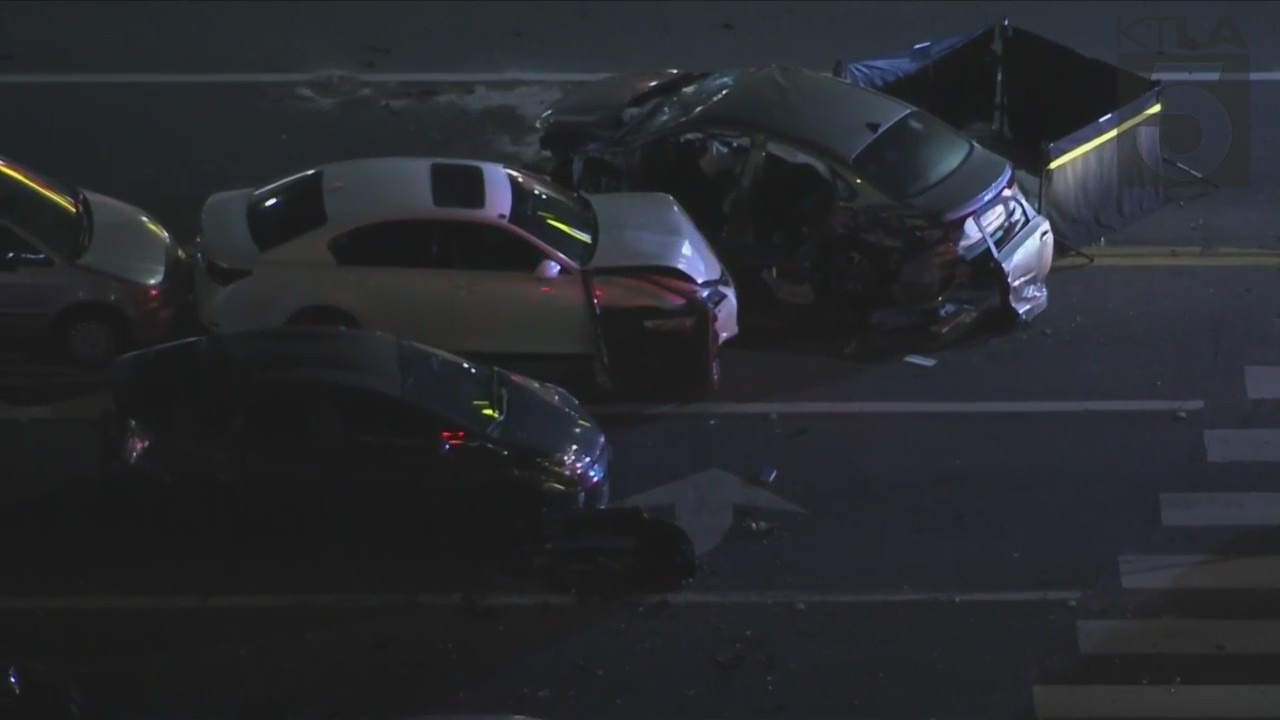 One person is dead and at least eight others were hospitalized after a multi-vehicle crash in Long Beach on Tuesday night. (KTLA)