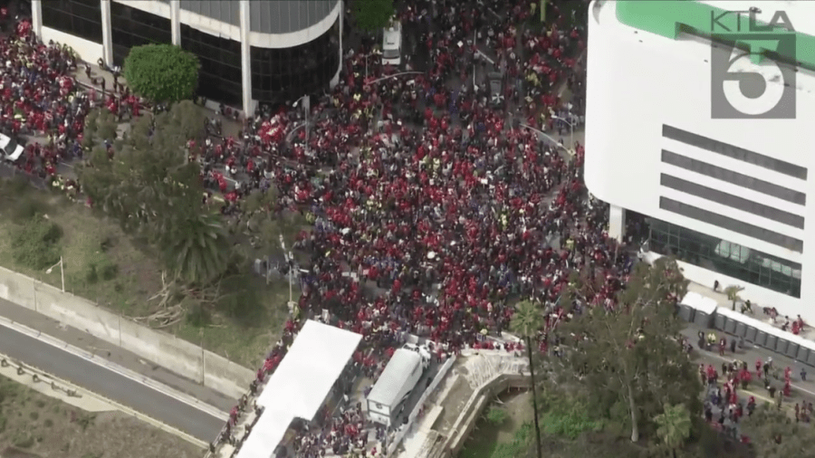 Thousands gathered outside LAUSD headquarters in Westlake on Day 1 of a workers' strike on March 21, 2023. (KTLA) 