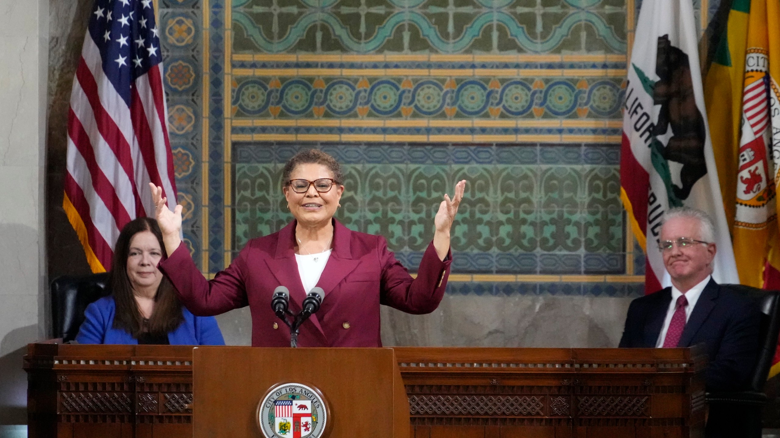 Los Angeles Mayor Karen Bass delivers her first State of the City address from City Hall in Los Angeles, Monday, April 17, 2023. (AP Photo/Damian Dovarganes)