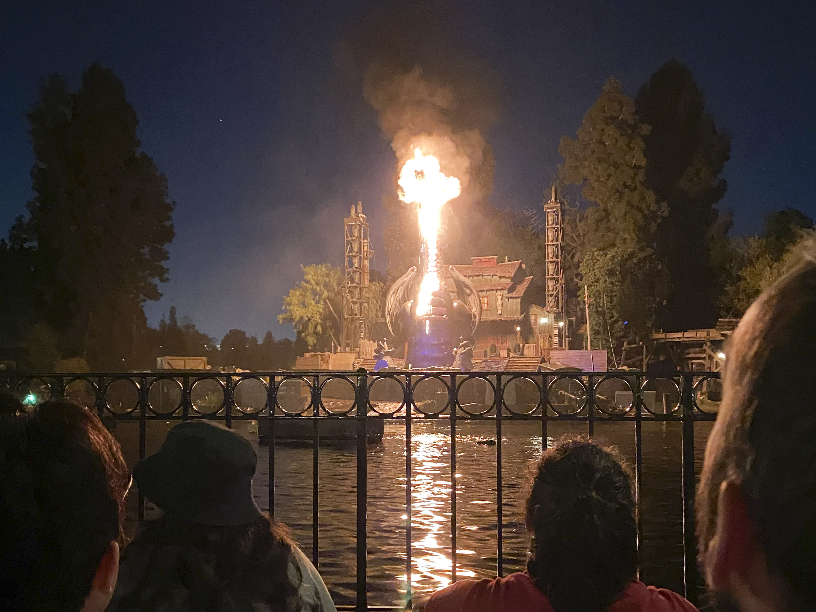 This photo courtesy of Shawna Bell shows a fire during the “Fantasmic" show in the Tom Sawyer Island section of Disneyland resort in Anaheim, Calif., on Saturday, April 22, 2023. (Courtesy Shawna Bell via AP)