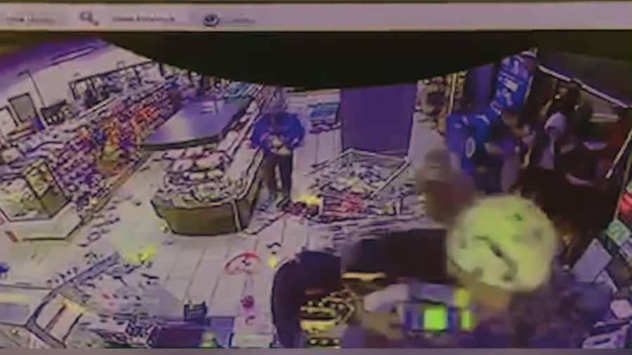 Cameras show the trashed remains of a 7-Eleven store in Paramount after it was ransacked by looters over the weekend of April 15, 2023. (KTLA)