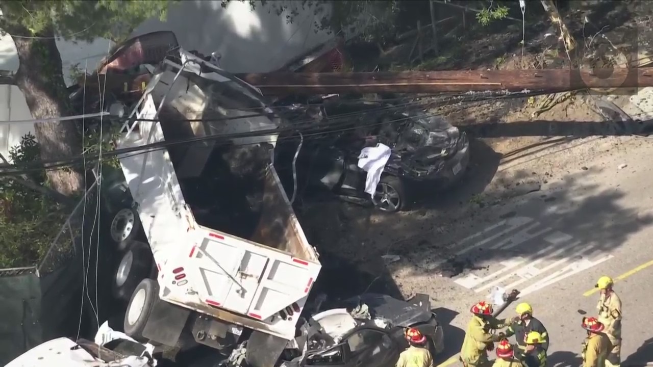 A dump truck driver was in serious condition after an April 7, 2023, wreck in Brentwood. (KTLA)