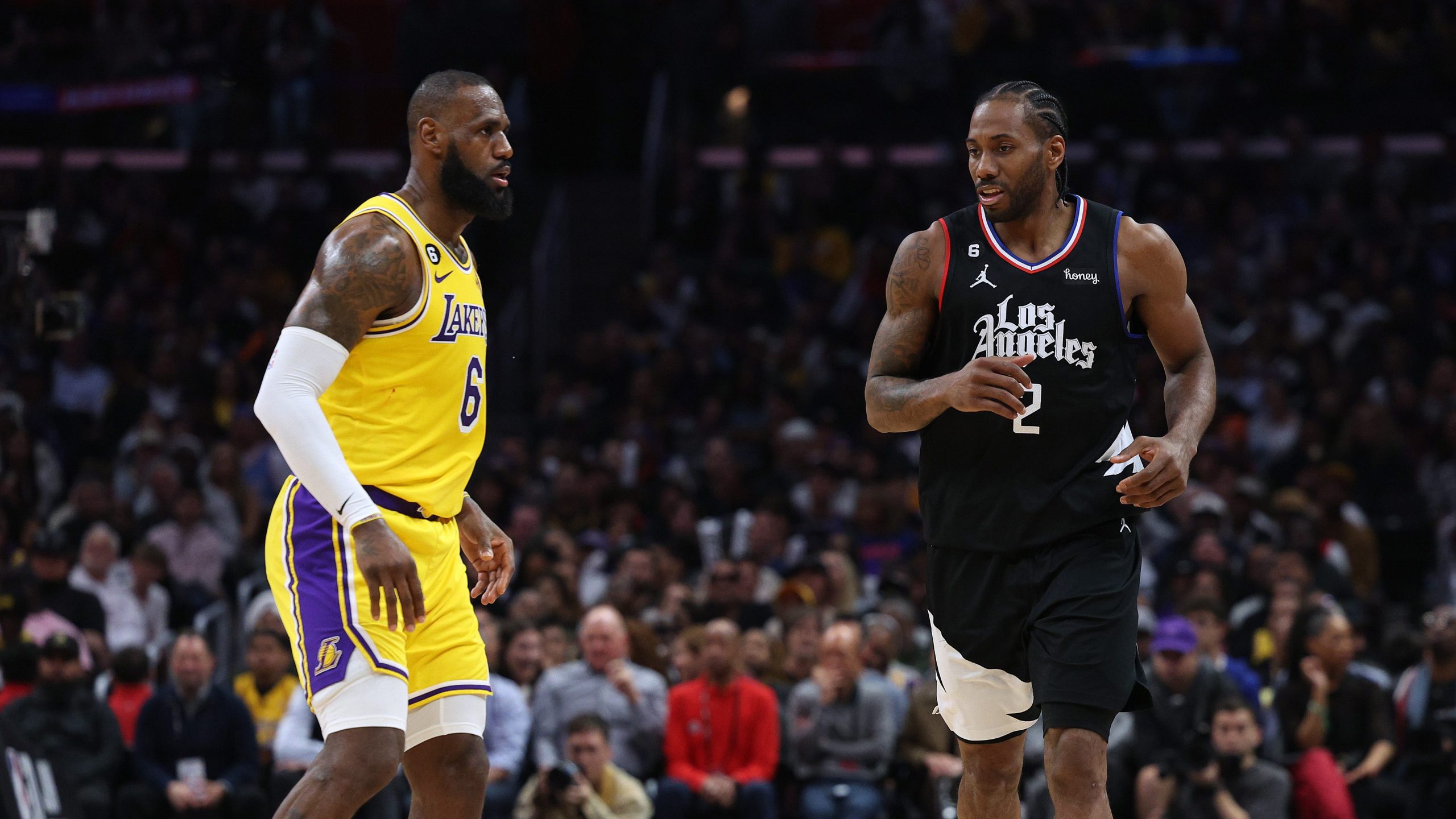 Kawhi Leonard #2 of the LA Clippers is guarded by LeBron James #6 of the Los Angeles Lakers during a 125-118 Clippers win at Crypto.com Arena on April 05, 2023 in Los Angeles, California.(Getty Images)