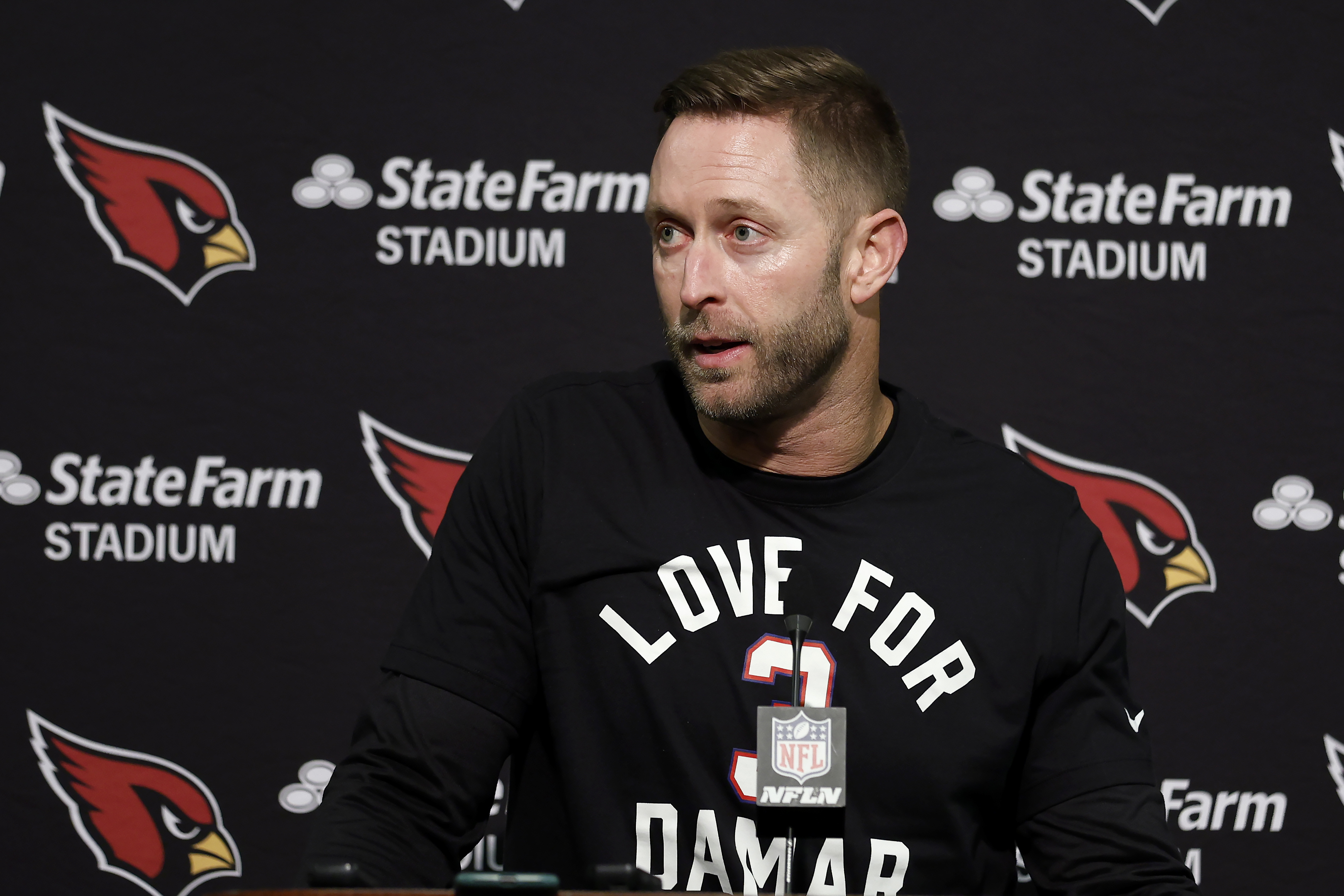 Former Arizona Cardinals head coach Kliff Kingsbury wears a shirt in support of Buffalo Bills' Damar Hamlin as he speaks at a news conference after the team's NFL football game against the San Francisco 49ers in Santa Clara, Calif., Sunday, Jan. 8, 2023. Kingsbury is joining Lincoln Riley's coaching staff at Southern California as a senior offensive analyst. USC announced the addition Tuesday, April 11, 2023. (AP Photo/Jed Jacobsohn, File)