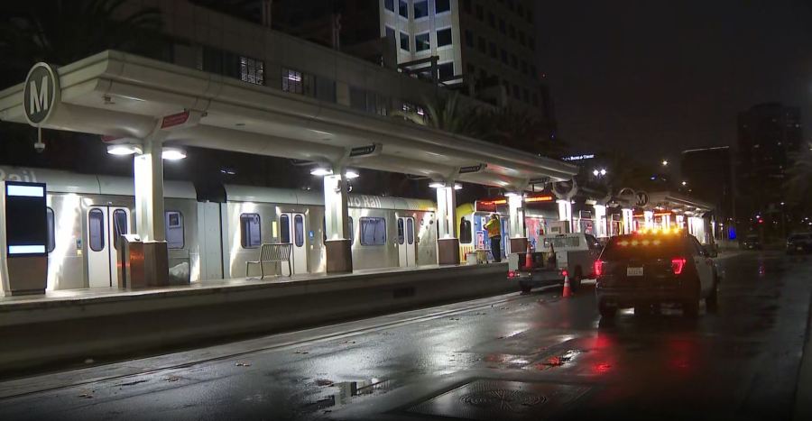 A man was found stabbed to death on a train in Long Beach on April 12, 2023. (KTLA)