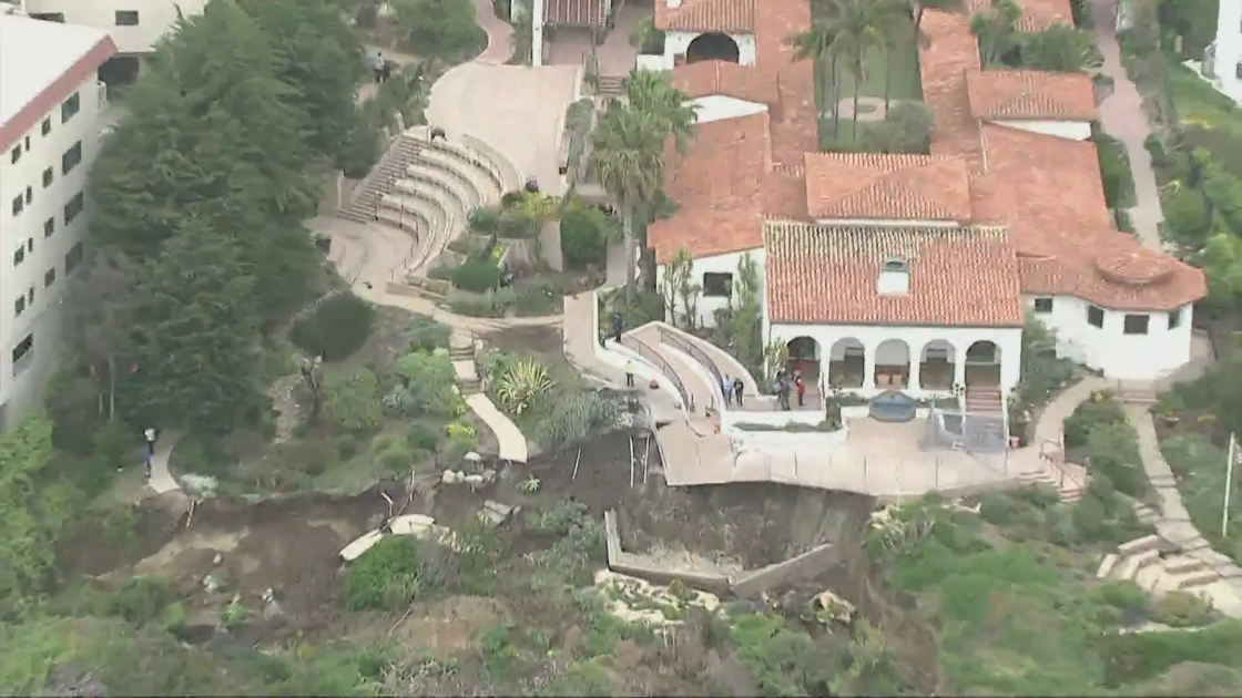 The hillside under the historic Casa Romantica in San Clemente collapsed on April 27, 2023. (KTLA)