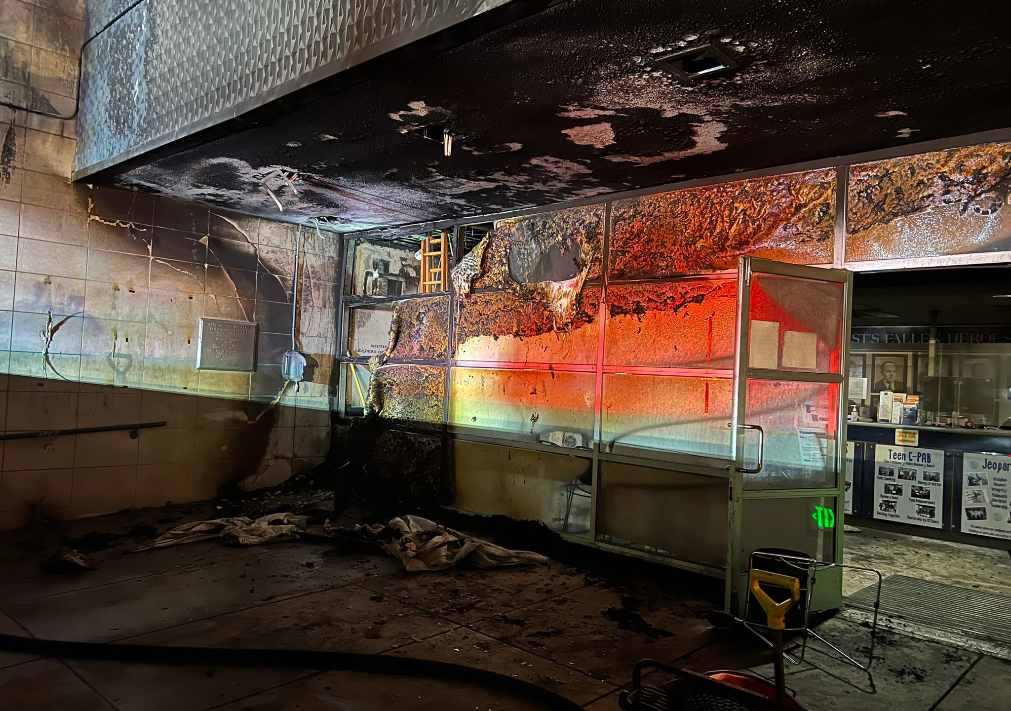 The inside of the Southwest LAPD station sustained major damage after a man walked in with a flaming shopping cart on April 6, 2023. (LAPD)