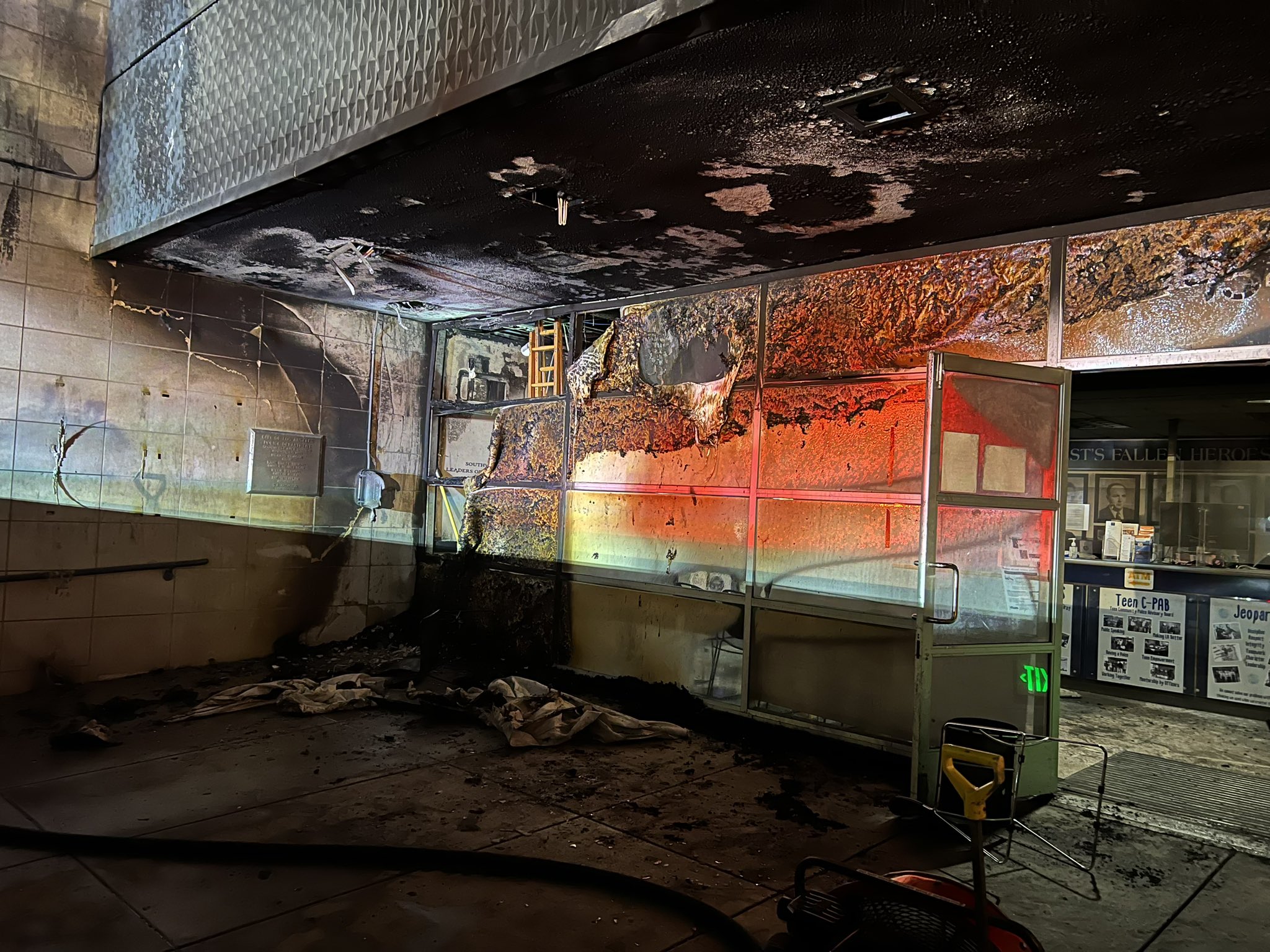 The inside of the Southwest LAPD station sustained major damage after a man walked in with a flaming shopping cart on April 6, 2023. (LAPD)