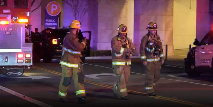 Stolen car suspect crashes into The Americana at Brand mall in Glendale after a pursuit on April 1, 2023. (KeyNews.TV)