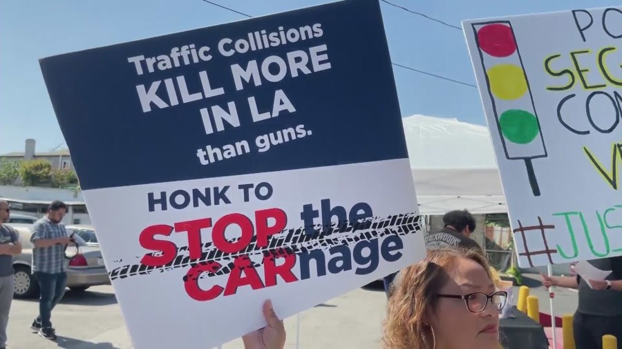 Rally held by residents on April 8, 2023 calling for safer streets after a hit-and-run crash left a 13-year-old boy without a leg in Boyle Heights. (KTLA)