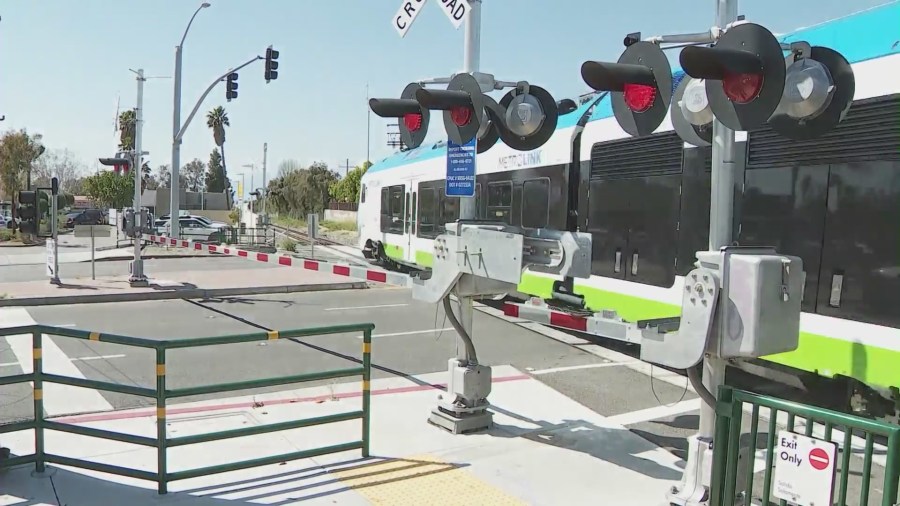 Train tracks where an 11-year-old girl was killed and her mother was critically injured after being struck by a train in Redlands on April 4, 2023. (KTLA)