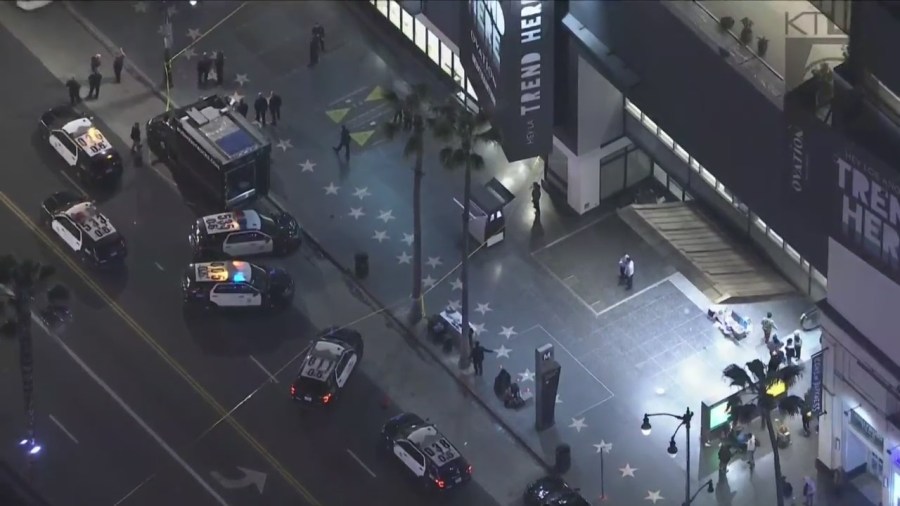 A man is hospitalized after being shot in the head on Hollywood Boulevard Friday night. (KTLA)