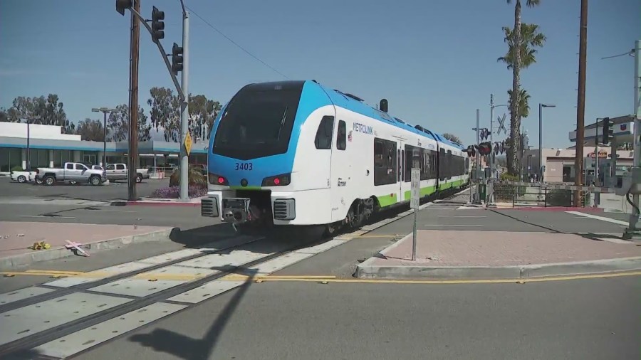 Train tracks where an 11-year-old girl was killed and her mother was critically injured after being struck by a train in Redlands on April 4, 2023. (KTLA)