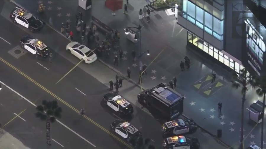 A man is hospitalized after being shot in the head on Hollywood Boulevard Friday night. (KTLA)