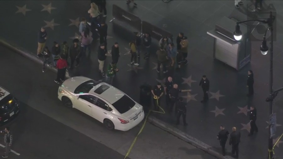 A man is hospitalized after being shot in the head on Hollywood Boulevard Friday night. (KTLA)