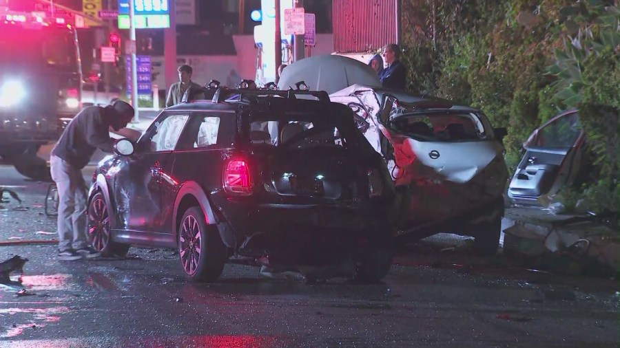 A multi-vehicle crash in Pacific Palisades left seven people hospitalized on April 15, 2023. (KTLA)