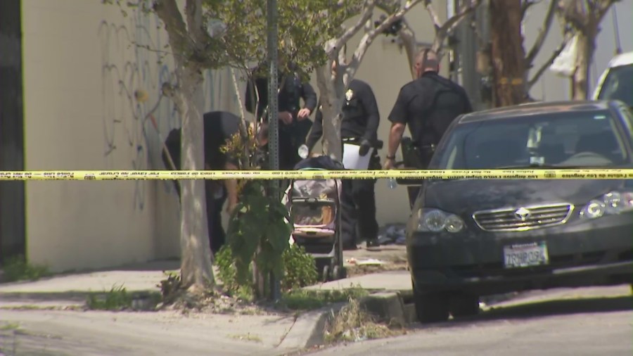 One man was killed and three others were wounded after being shot in a Northridge strip mall on April 15, 2023. (KTLA)