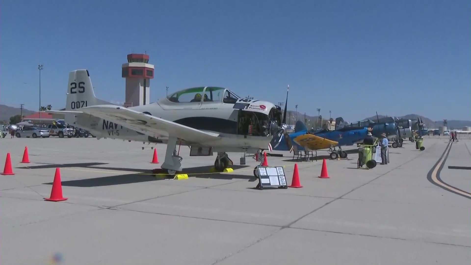 Aircraft displayed at the Southern California Airshow at the March Air Reserve Base in Riverside. (KTLA)