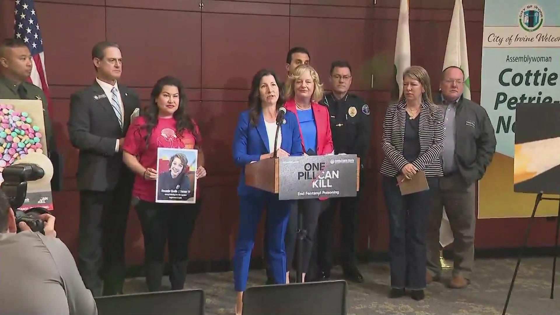 Irvine Assemblywoman Cottie Petrie-Norris speaking at a press conference and raising awareness of fentanyl-related deaths in California on April 28, 2023. (KTLA)