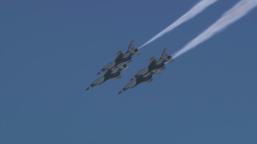 Aircraft performing at the Southern California Airshow at the March Air Reserve Base in Riverside. (KTLA)