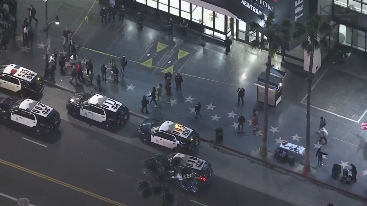 A man is hospitalized after being shot in the head on Hollywood Boulevard Friday night. (KTLA)