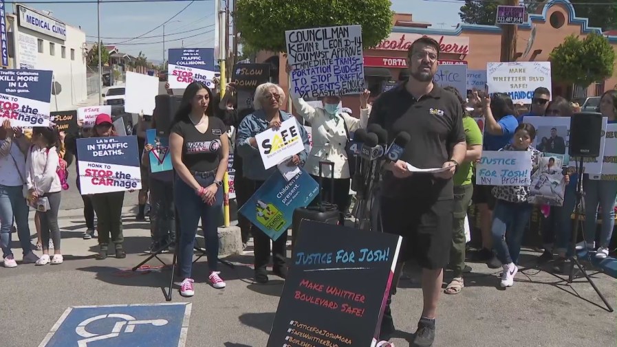 Rally held by residents on April 8, 2023 calling for safer streets after a hit-and-run crash left a 13-year-old boy without a leg in Boyle Heights. (KTLA)