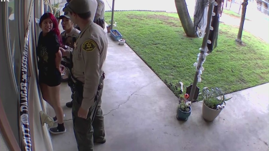 Home security video captures the moment a San Gabriel mother said authorities had wrongfully entered her home and detained her children for no reason on Oct. 22, 2022. (Cordova Family)