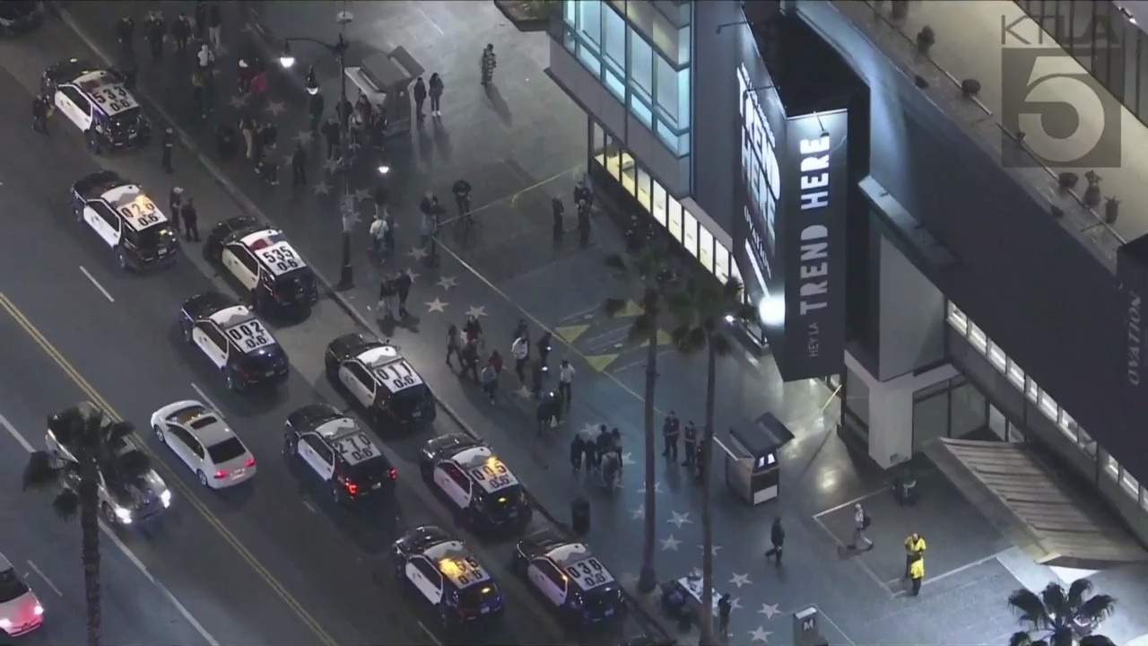 A man is hospitalized after being shot in the head on Hollywood Boulevard Friday night. (KTLA)