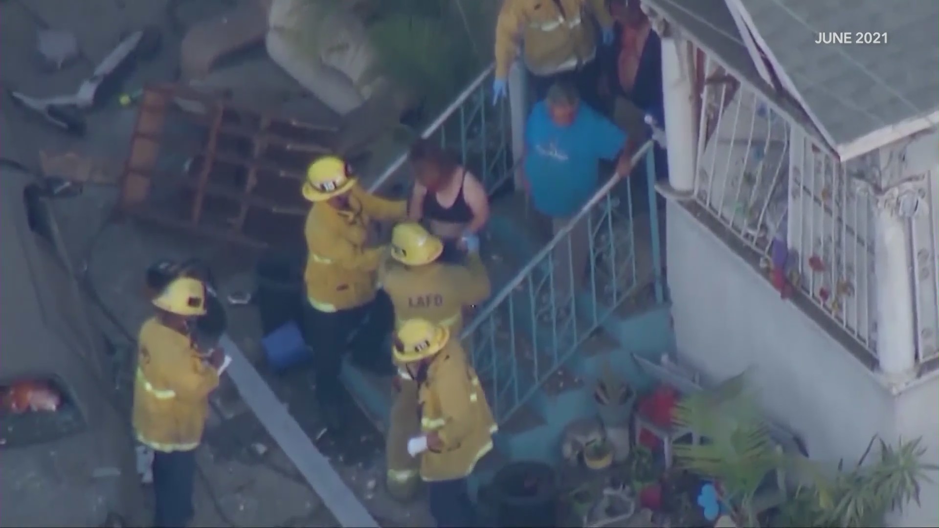 The aftermath of a botched illegal fireworks explosion by LAPD that injured and displaced residents in South Los Angeles on June 30, 2021. (KTLA)