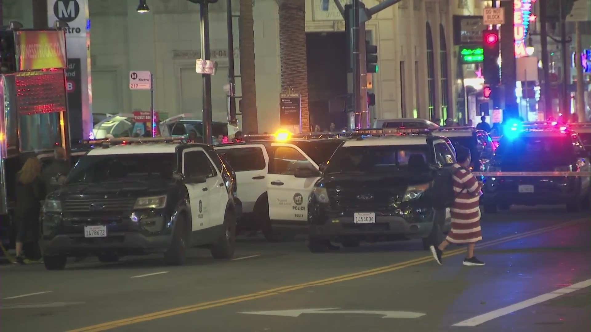 A man is hospitalized after being shot in the head on Hollywood Boulevard Friday night. (KTLA)