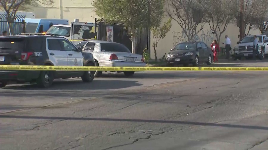 One man was killed and three others were wounded after being shot in a Northridge strip mall on April 15, 2023. (KTLA)