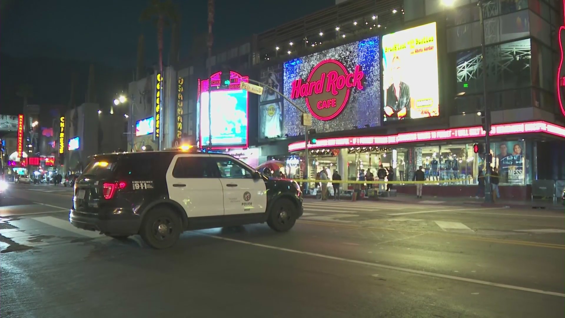 A man is hospitalized after being shot in the head on Hollywood Boulevard Friday night. (KTLA)