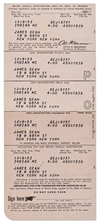 James Dean's motorcycle registration card for the Indian motorcycle he bought in 1953, headed to auction on. May 25, 2023. (Nate D. Sanders Auctions)