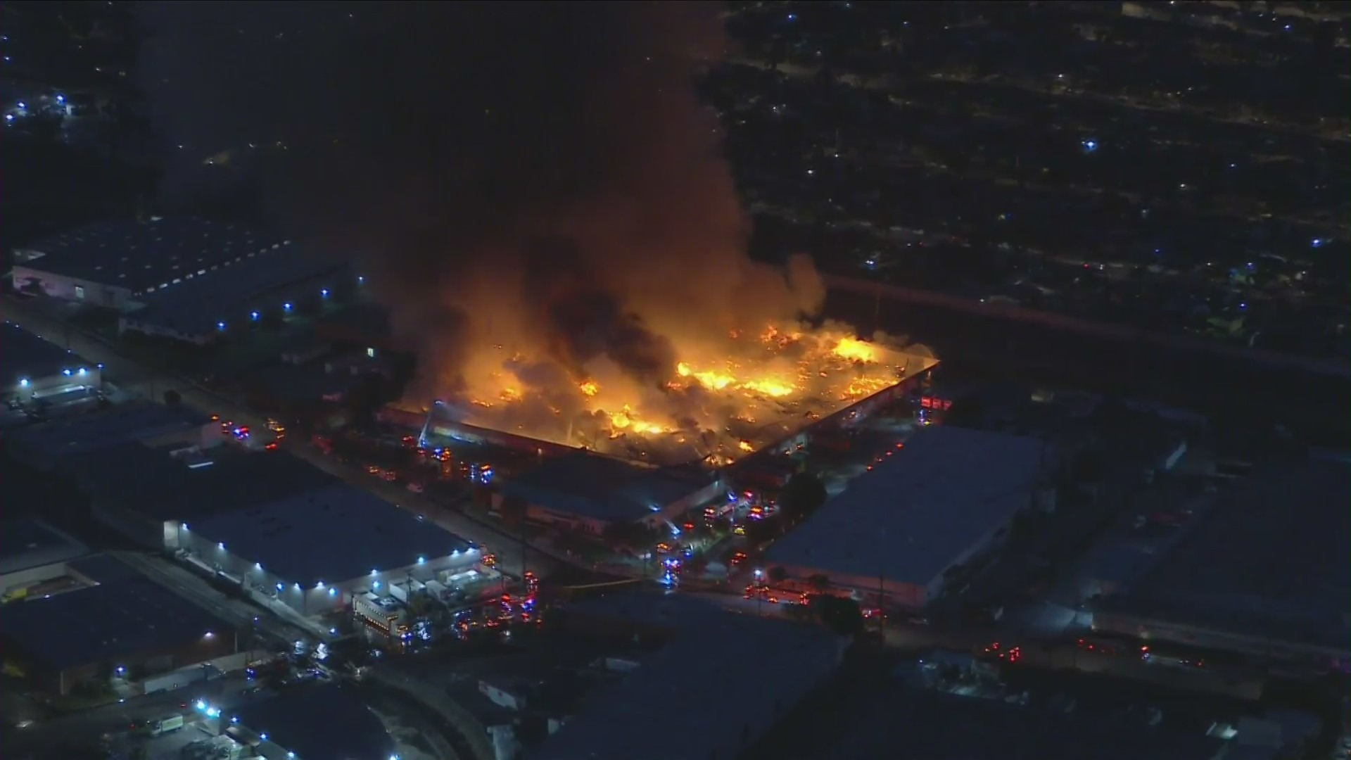 A 3rd-alarm blaze consumed an industrial building in Commerce on May 5, 2023. (KTLA)