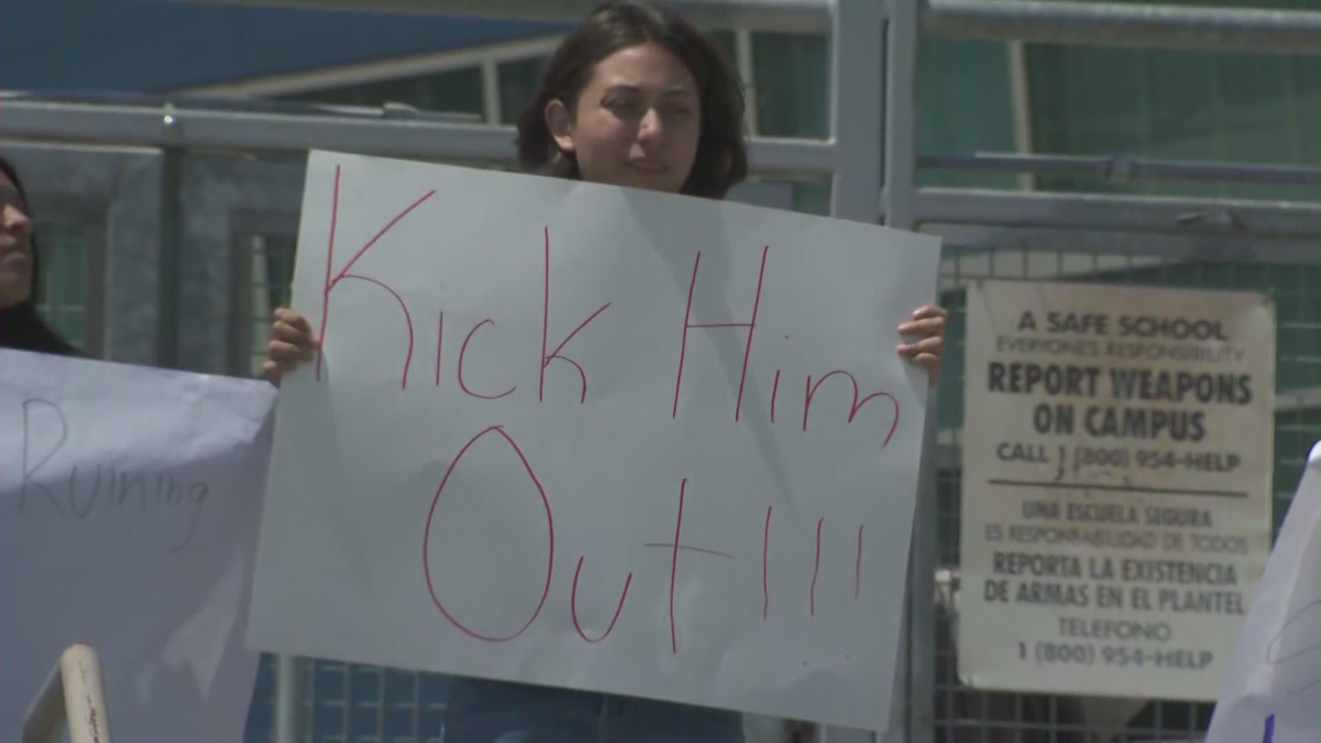 East L.A. Performing Arts students protest Principal John Edwards Estoesta on May 23, 2023. (KTLA)