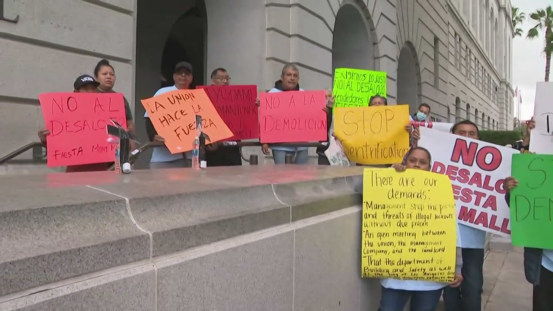 The United Vendors of Fiesta Mini Mall protested outside Los Angeles City Hall on May 23, 2023. (KTLA)