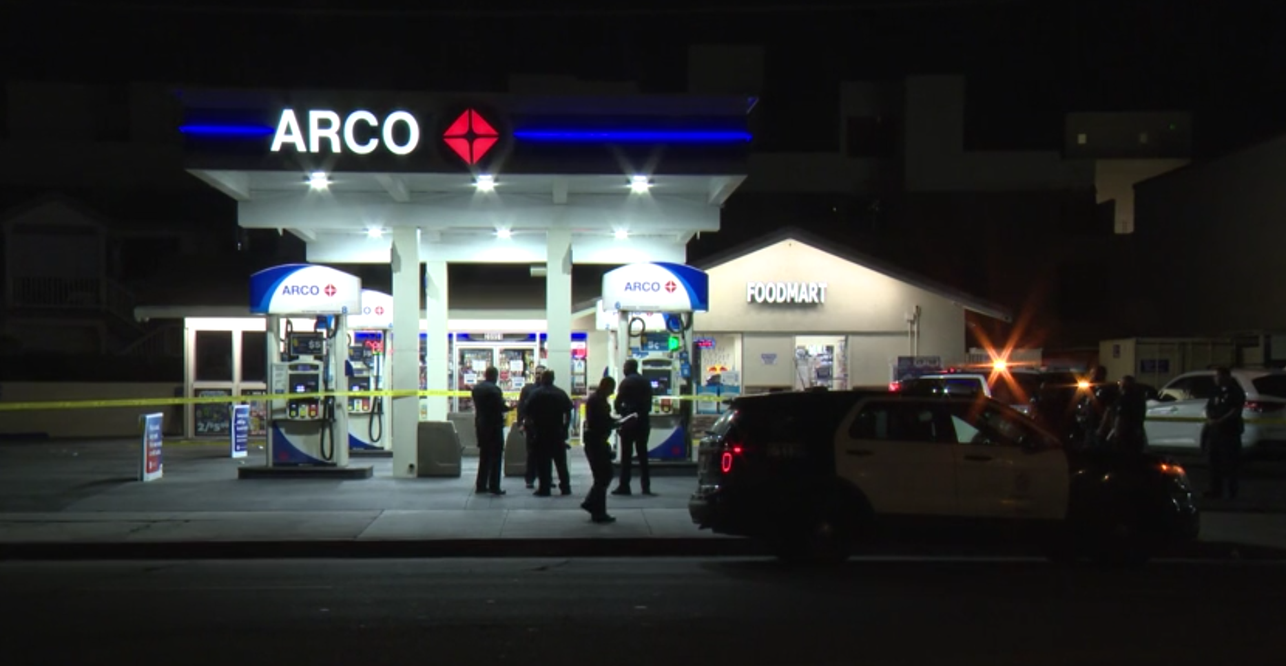 A man was shot and run over at a Canoga Park gas station on May 10, 2023. (KTLA)