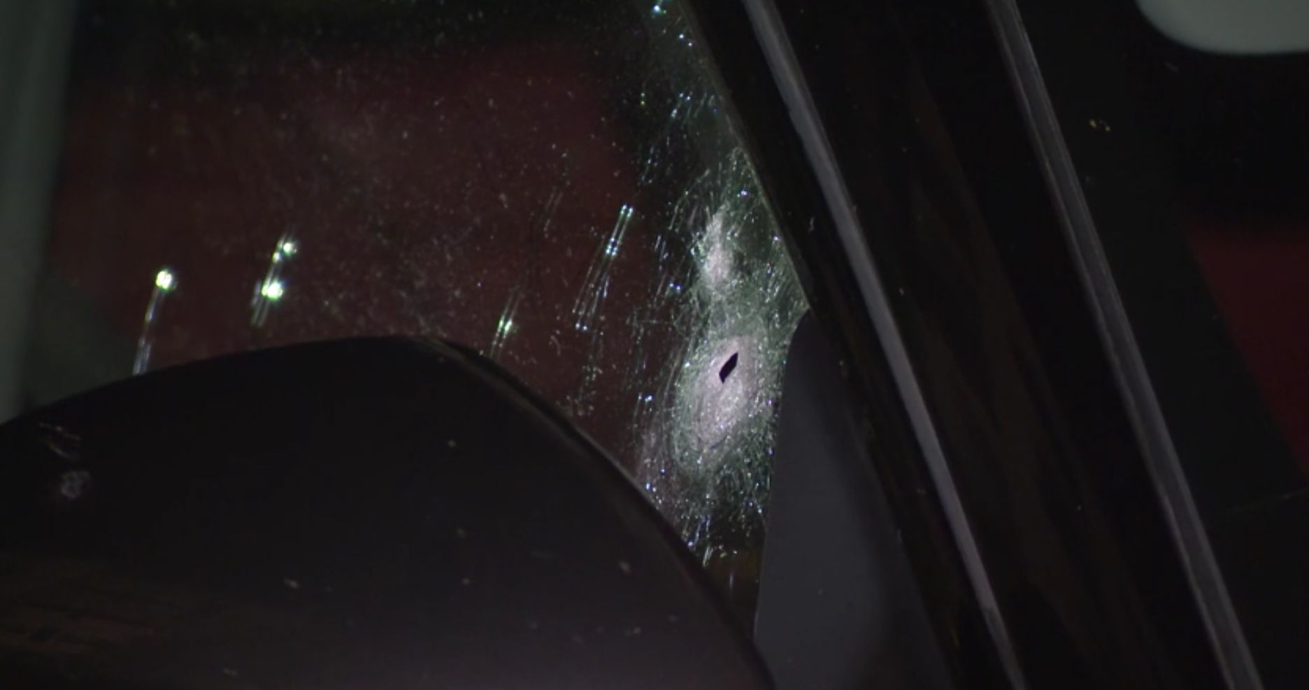 After a shooting at a nearby gas station, what is believed to be the vehicle the victim arrived in was found peppered with bullet holes on May 10, 2023. (KTLA)