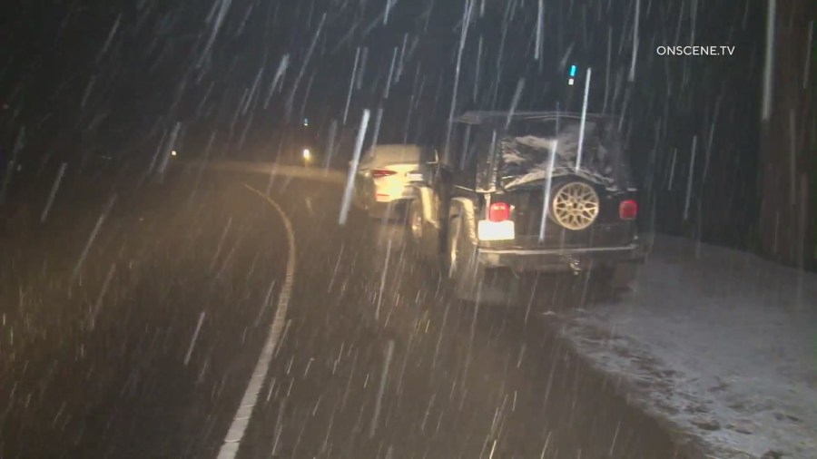 Snow fell in the San Bernardino Mountains on May 4, 2023. (OnScene.TV)