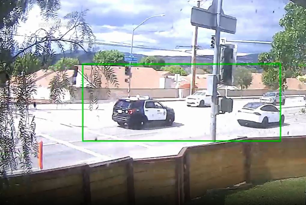 Security video captured the moment two cars slammed into a deputy vehicle in Santa Clarita on May 6, 2023. (KeyNews)