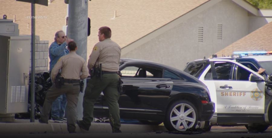 Security video captured the moment two cars slammed into a deputy vehicle in Santa Clarita on May 6, 2023. (KeyNews)