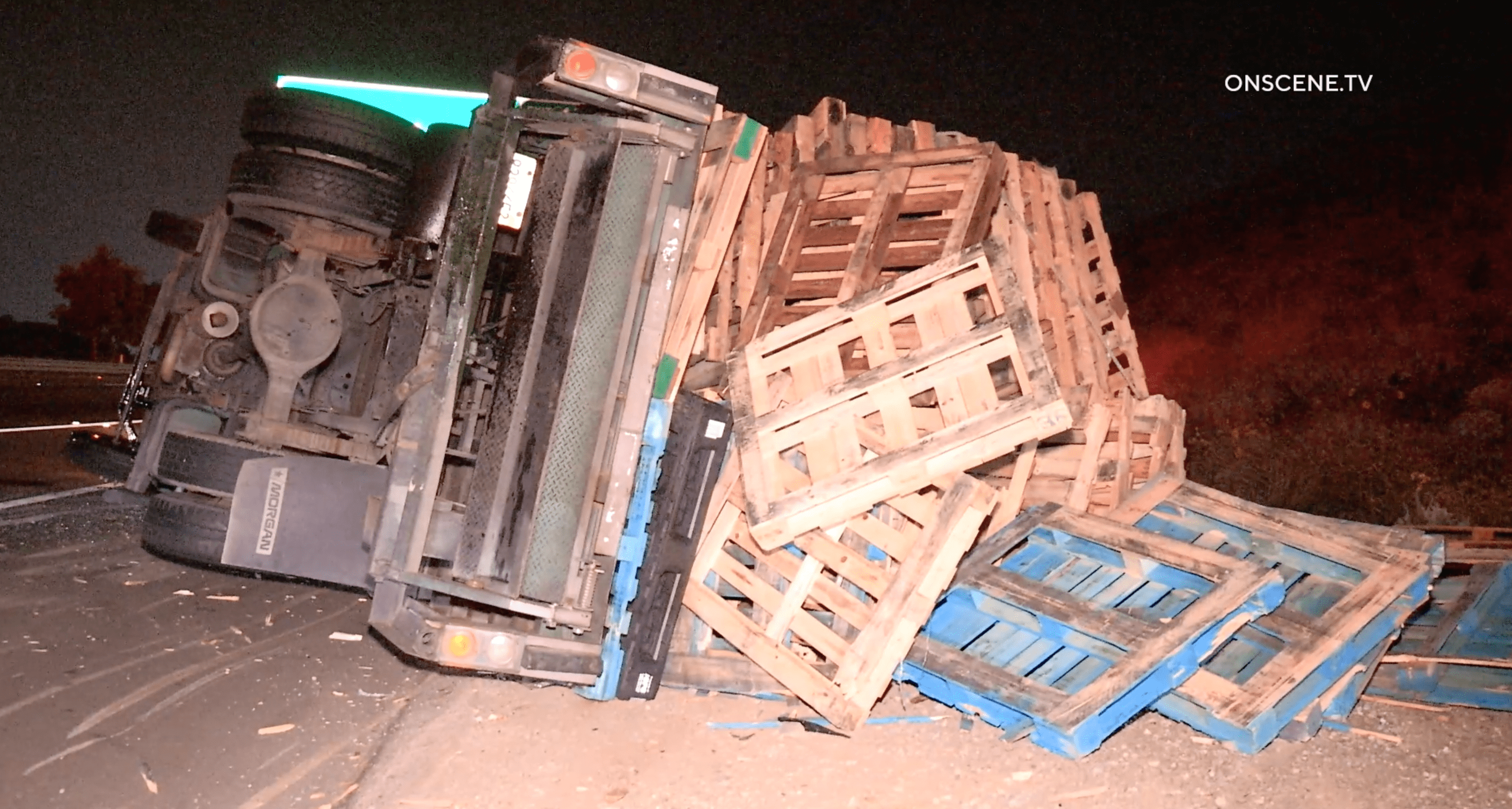 Fatal car crash involving a flatbed truck with pallets in San Bernardino (Source: Onscene TV)