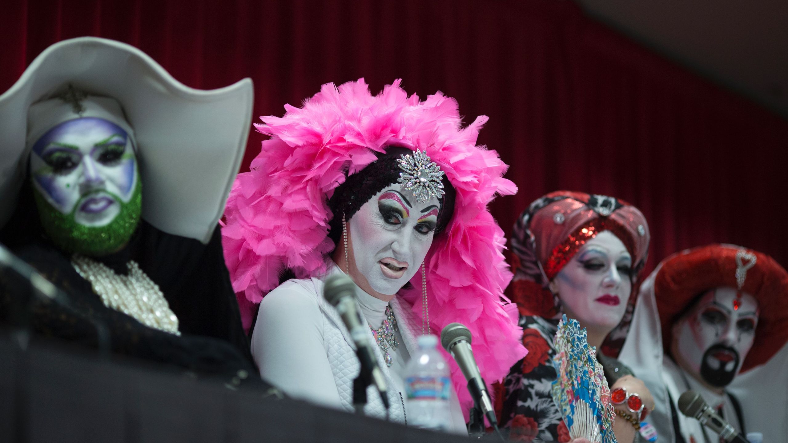 Members of the international activist group Sisters of Perpetual Indulgence oversee the GAYme game show during RuPaul's DragCon at the Los Angeles Convention Center, May 7, 2016, in Los Angeles, California. (David McNew/AFP via Getty Images)