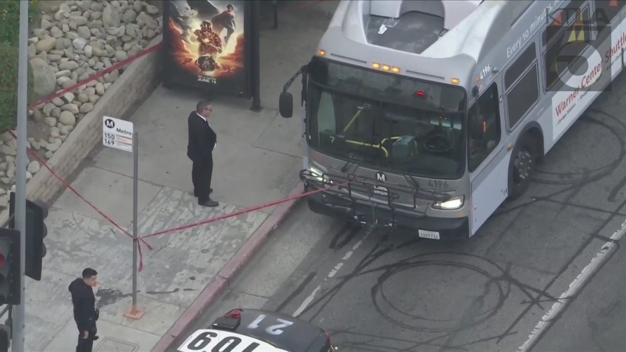 LAPD responds to the scene of a stabbing of a Metro Bus driver in Woodland Hills on May 24, 2023. (KTLA)