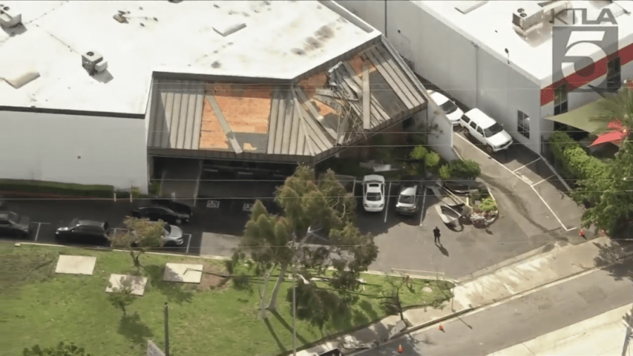 The roof of a business was damaged when a powerful weather cell hit Carson on May 4, 2023. (KTLA)