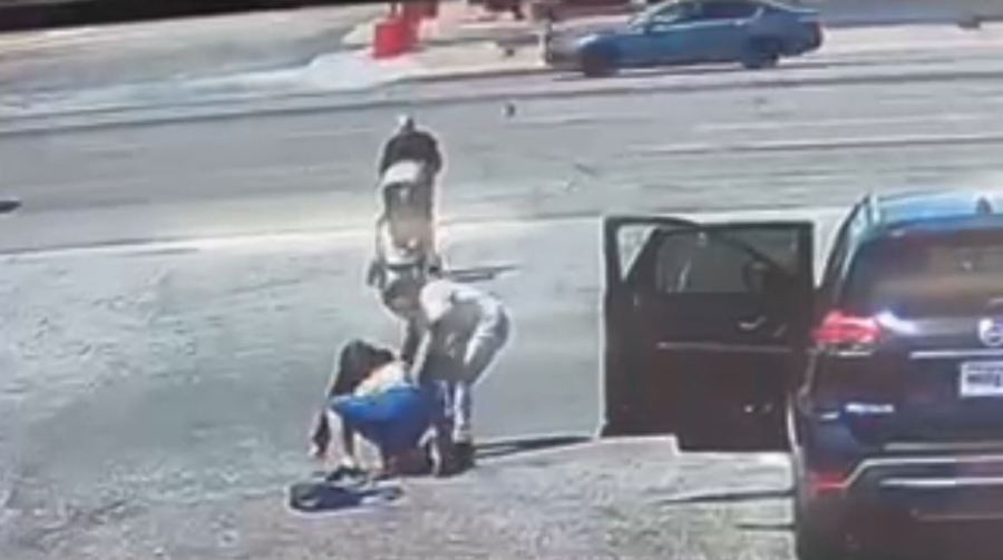 Security video captures the terrifying moment a baby stroller nearly rolls into oncoming traffic in Hesperia on May 1, 2023. (OnScene.TV)