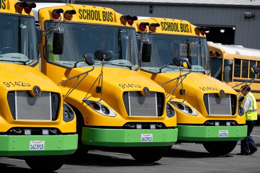 Three of the Los Angeles Unified School District's electric buses are shown in this undated photo provided by the school district.