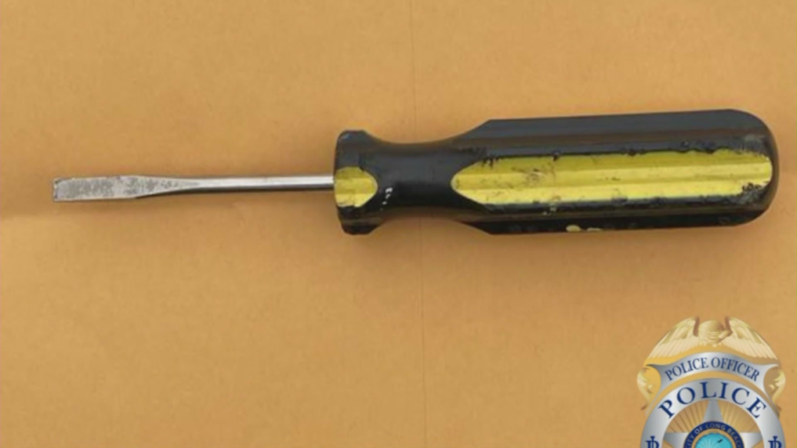 The screwdriver allegedly used in the stabbing of the fifth victim is seen in a photo released by Long Beach police on May 30, 2023. 