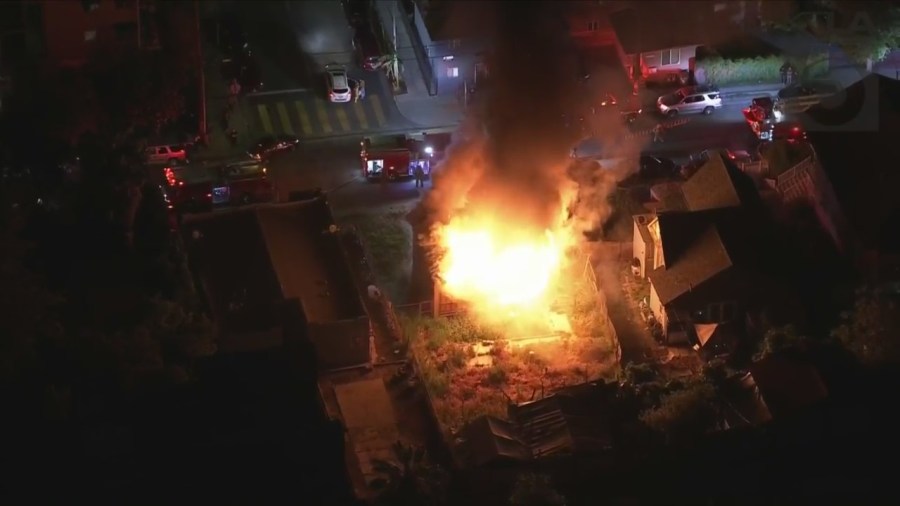 Los Angeles firefighters battled a massive house fire in Echo Park on May 5, 2023. (KTLA)